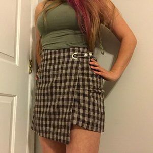 Brown and White Plaid Asymmetrical Mini Skirt